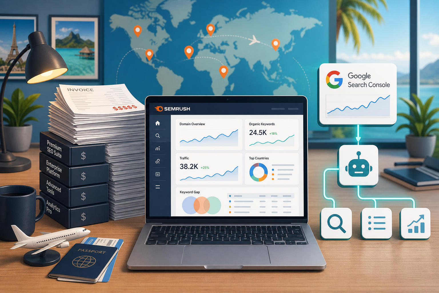 Evaluación de SEMrush para el SEO de agencias de viajes: costos, alternativas con IA y Google Search Console